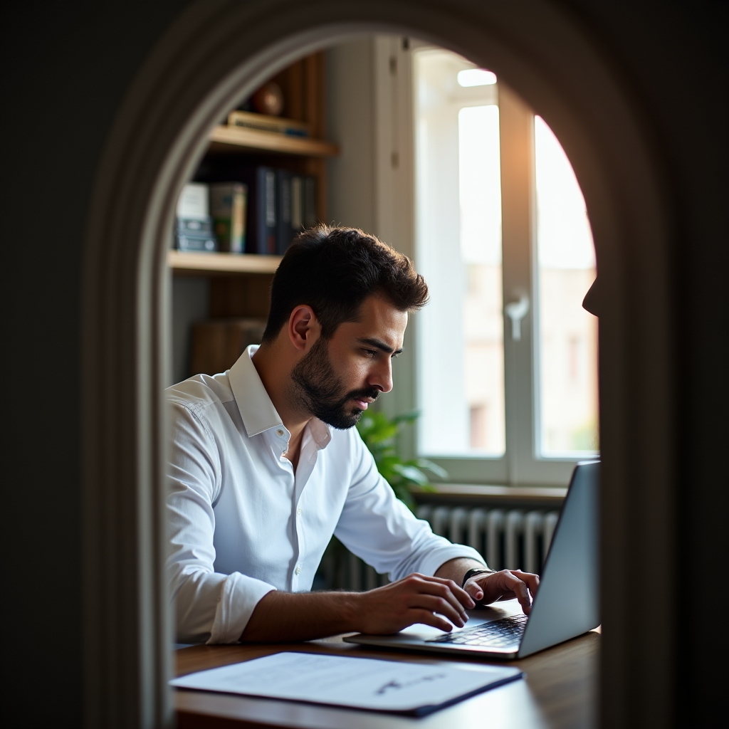 Consultor revisando documentación de procesos en una laptop dentro de una oficina con estantería al fondo