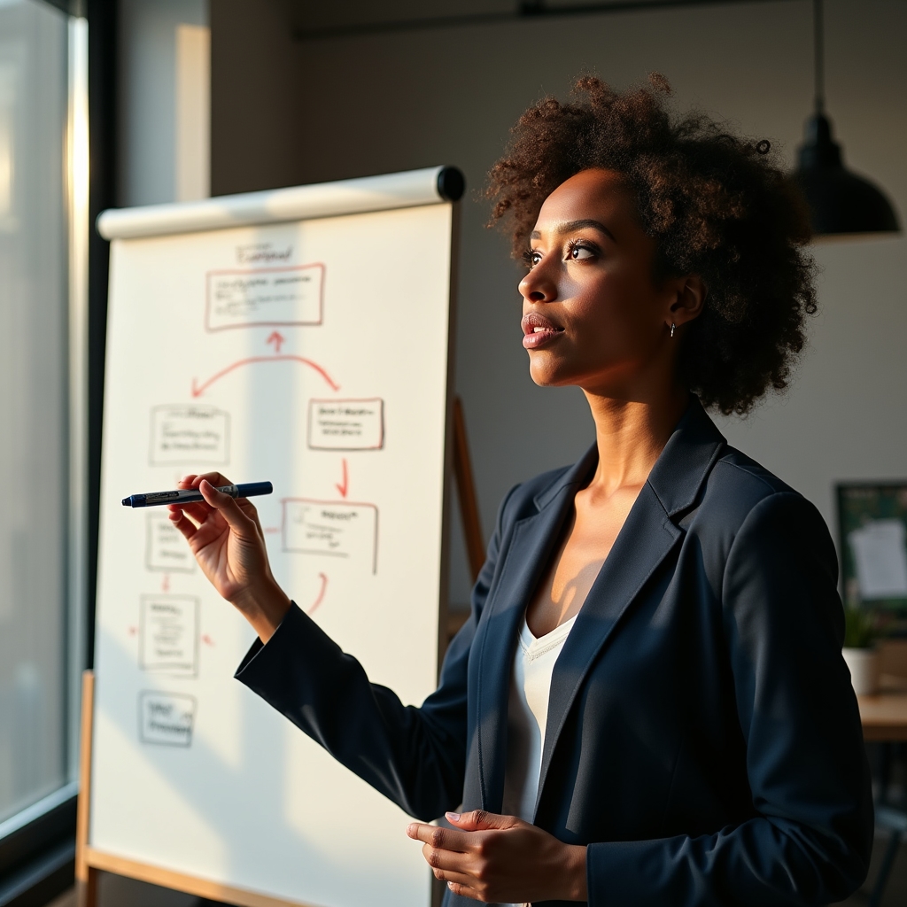 Fundador de startup revisando un esquema de procesos en una pizarra, con luz natural de fondo