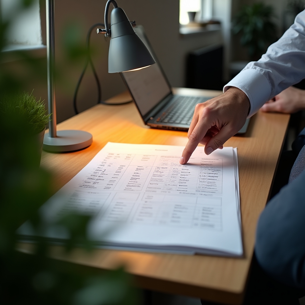 Matriz de responsabilidades y roles impresa sobre un escritorio, revisada por un consultor