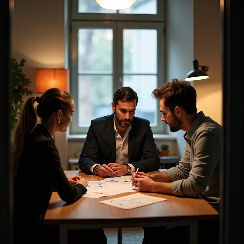 Consultor y equipo fundador de una startup revisando procesos en una sesión de trabajo